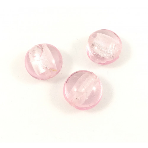 Flat puffed round 12mm glass bead pink silver foiled 